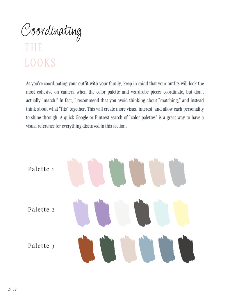 Example color palettes and test assist families in planning their outfits for family photos. 